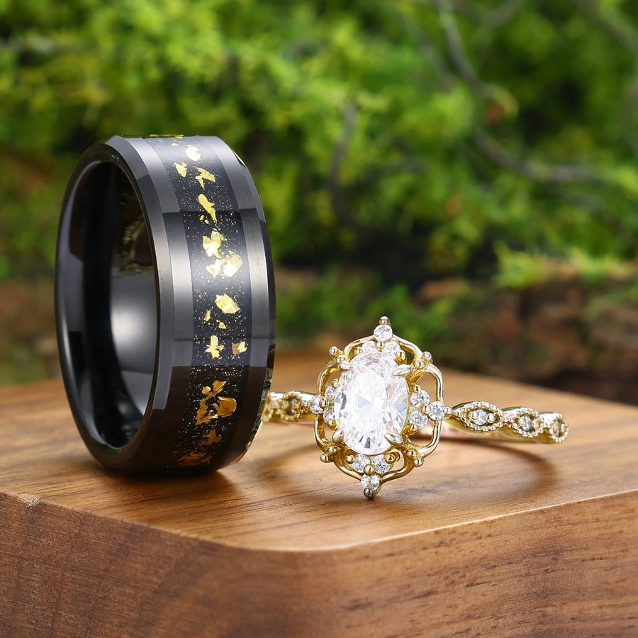 Antique Moissanite Engagement Floral Prongs Couples Ring Set 925 Sterling Silver And Tungsten Ring Set