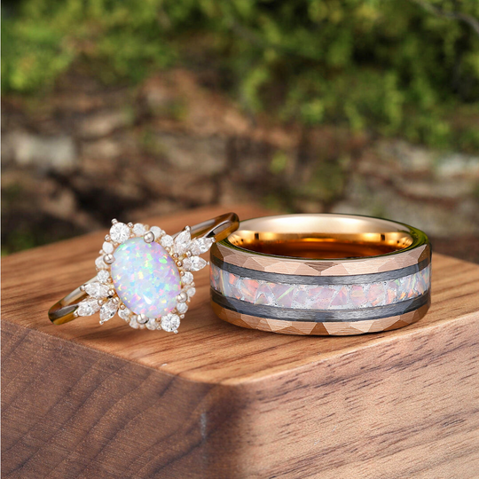 Retro Oval Pink White Opal Engagement Couple Rings Matching Tungsten His and Hers Wedding Promise Band