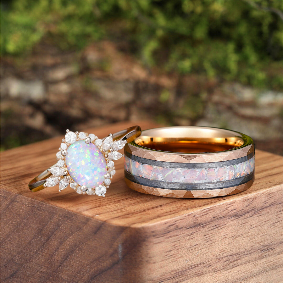 Retro Oval Pink White Opal Engagement Couple Rings Matching Tungsten His and Hers Wedding Promise Band -  Esdomera.com