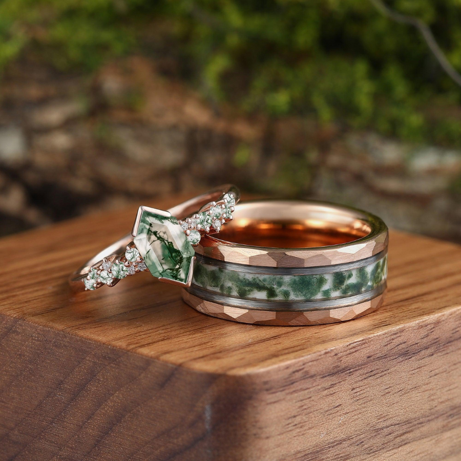 Hexagon Green Moss Agate Couples Ring Set His and Hers Wedding Band Tungsten &Sliver Wedding Gifts -  Esdomera.com