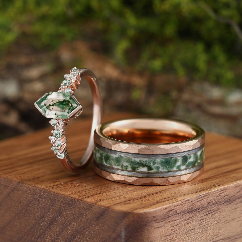 Hexagon Green Moss Agate Couples Ring Set His and Hers Wedding Band Tungsten &Sliver Wedding Gifts