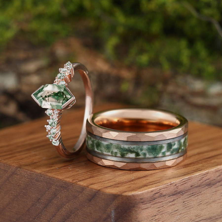 Hexagon Green Moss Agate Couples Ring Set His and Hers Wedding Band Tungsten &Sliver Wedding Gifts -  Esdomera.com