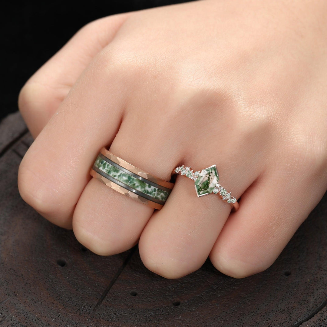 Hexagon Green Moss Agate Couples Ring Set His and Hers Wedding Band Tungsten &Sliver Wedding Gifts