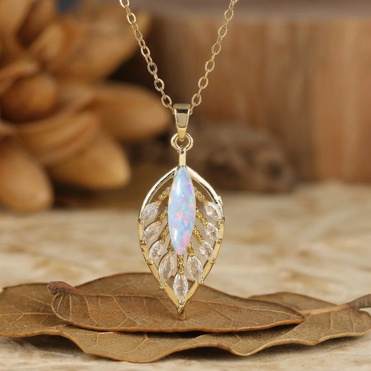 Collier Pendentif Argent 925 Opale Marquise Rose et Blanche — Motif Plume/Feuille, Or 14K Pour Femmes