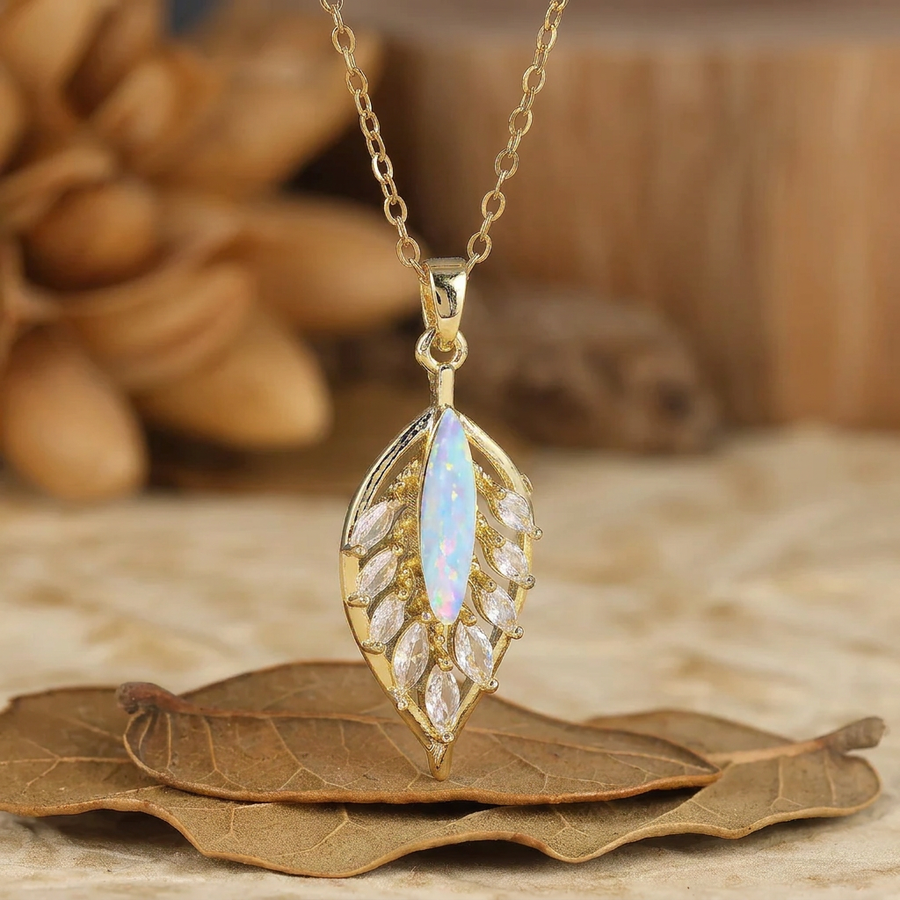 Collier Pendentif Argent 925 Opale Marquise Rose et Blanche — Motif Plume/Feuille, Or 14K Pour Femmes