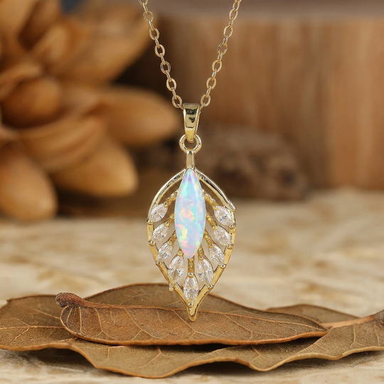 Collier Pendentif Argent 925 Opale Marquise Rose et Blanche — Motif Plume/Feuille, Or 14K Pour Femmes