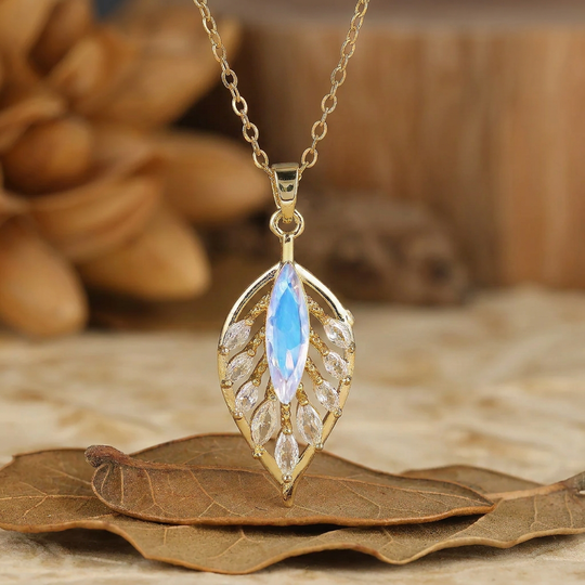 Collier Pendentif Argent 925 Opale Marquise Rose et Blanche — Motif Plume/Feuille, Or 14K Pour Femmes