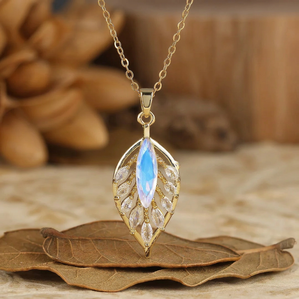 Collier Pendentif Argent 925 Opale Marquise Rose et Blanche — Motif Plume/Feuille, Or 14K Pour Femmes