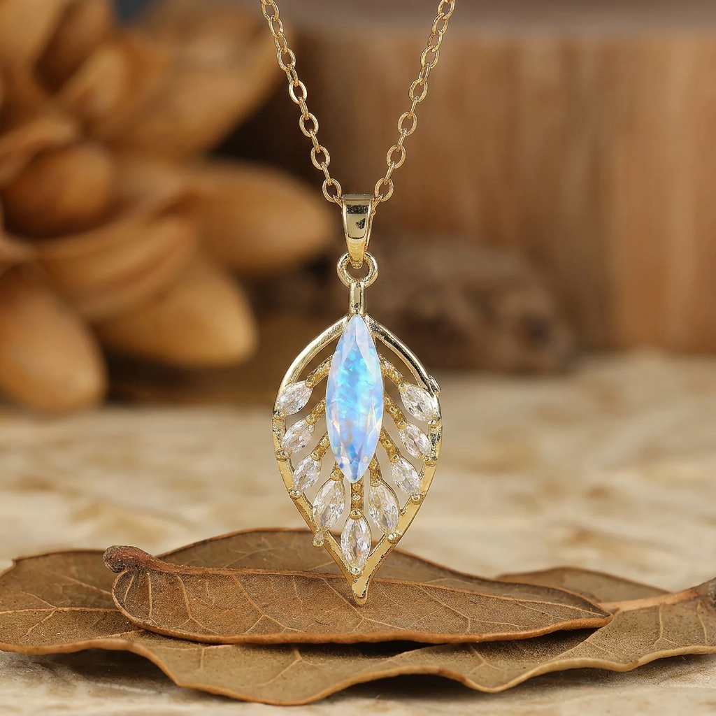 Collier Pendentif Argent 925 Opale Marquise Rose et Blanche — Motif Plume/Feuille, Or 14K Pour Femmes