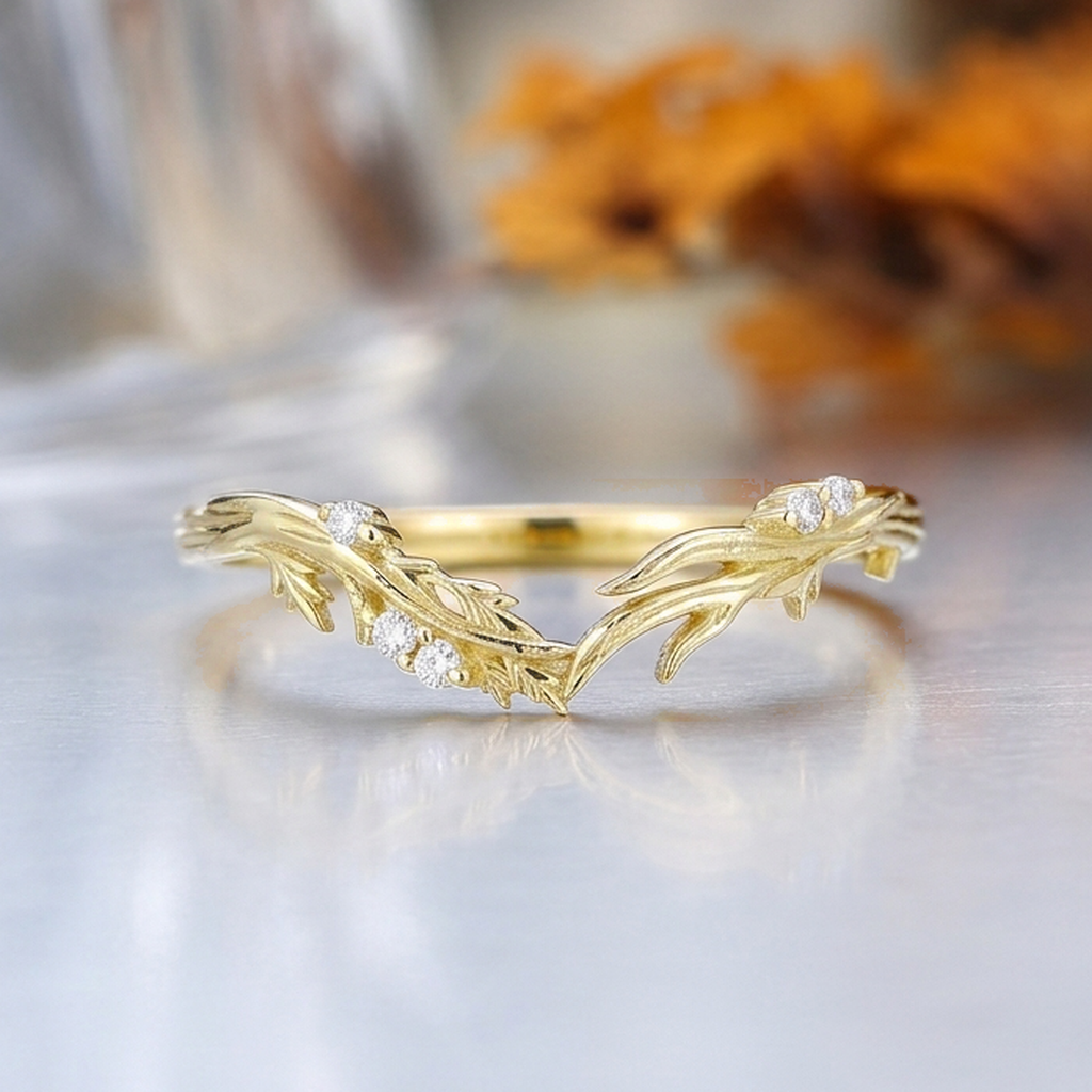Nature Inspired Leaf Vine Curved Wedding Band Stacking Ring, 14K Gold