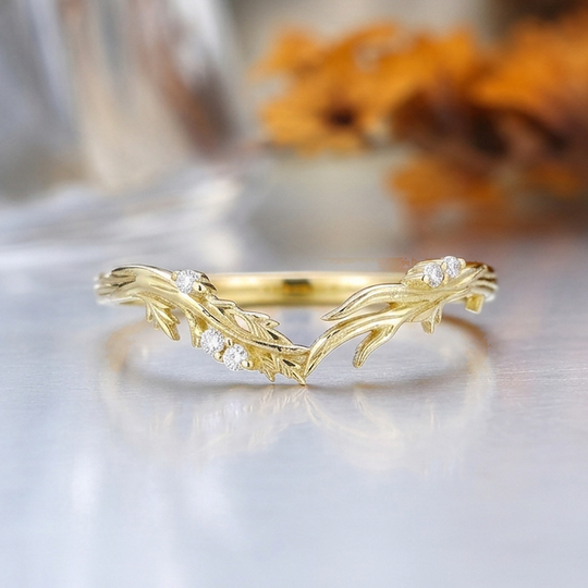 Nature Inspired Leaf Vine Curved Wedding Band Stacking Ring, 14K Gold