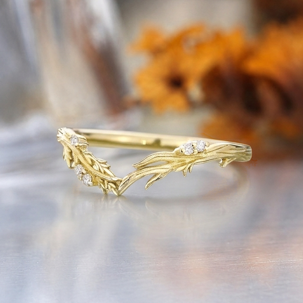Nature Inspired Leaf Vine Curved Wedding Band Stacking Ring, 14K Gold