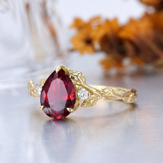 1.5CT Pear Cut Red Garnet Fern Vine Engagement Ring, 14K Gold