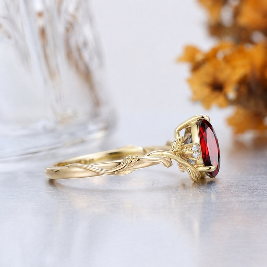 1.5CT Pear Cut Red Garnet Fern Vine Engagement Ring, 14K Gold