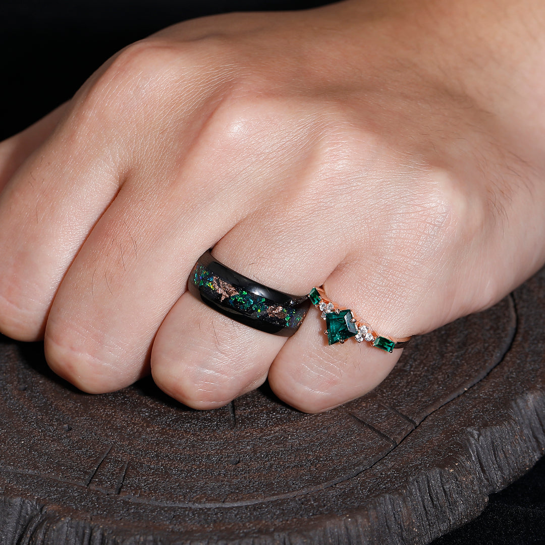 Retro Kite Cut Emerald Couples Ring Set S925 Gold Plated And Balck Tungsten Matching Ring