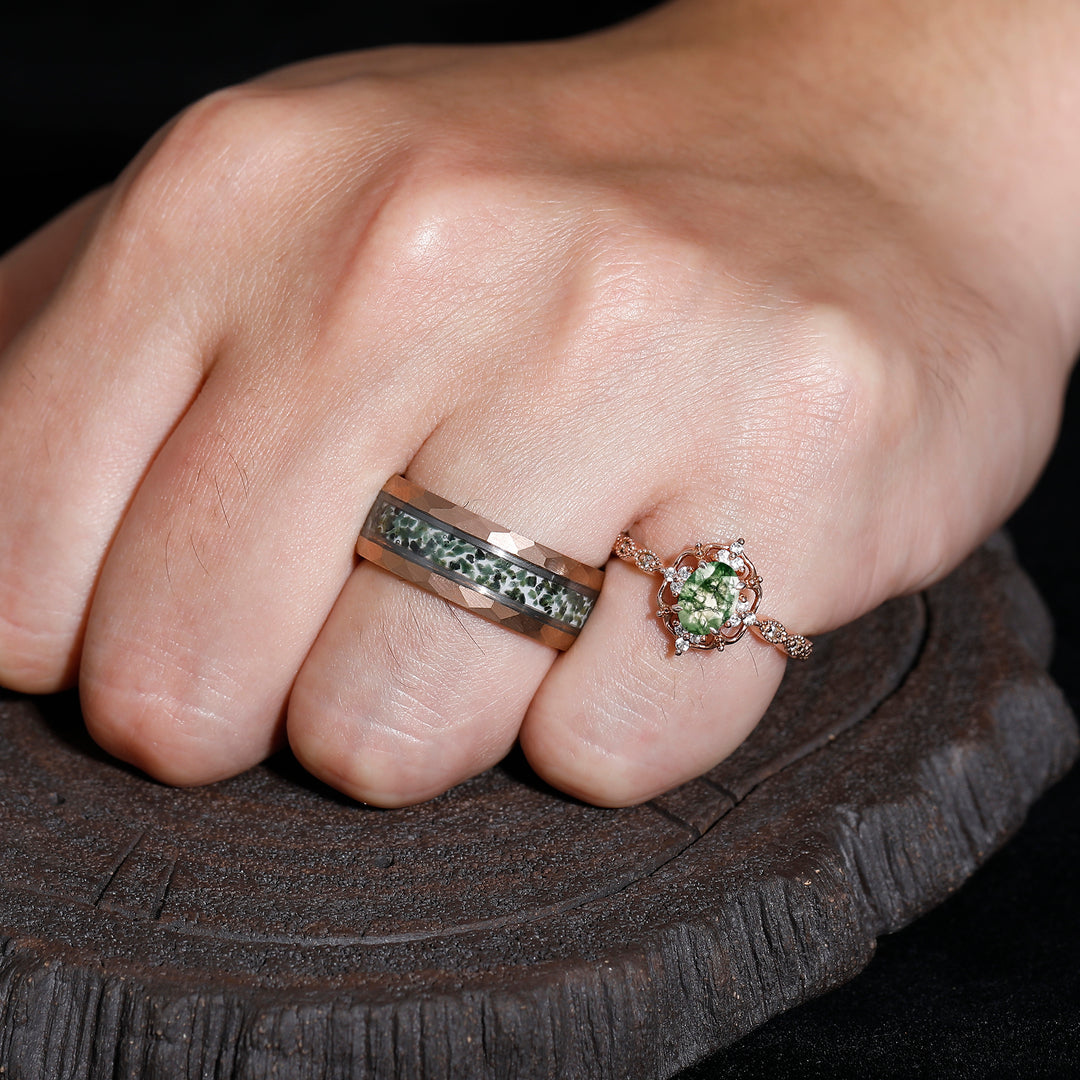 Antique Natural Moss Agate Floral Ring Matching Hammered Tungsten Couples Ring Set