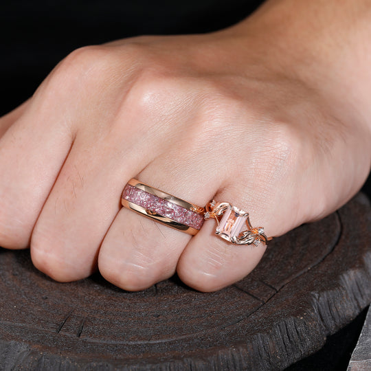 Dainty Vine 2.5CT Pink Morganite Couples Ring Matching Engagement and Wedding Rings