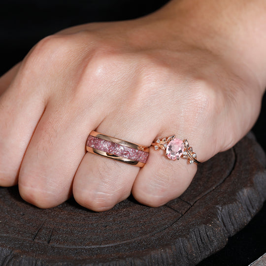 Artsy Leaf 1.25CT Pink Morganite Ring S925 And Tungsten His and Hers Wedding Band