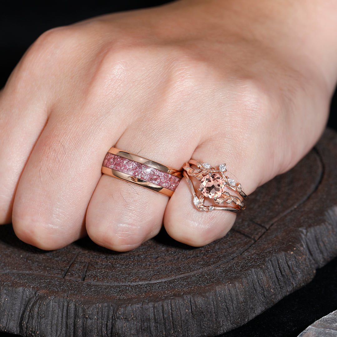 Art Deco 1.25CT Pink Morganite Leaf Ring Set Matching Tungsten Promise Rings for Couples