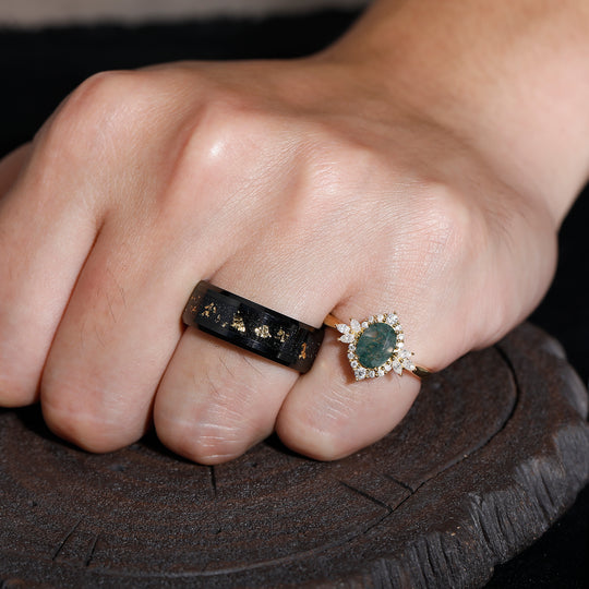 Prong Setting Moss Agate Floral Couples Ring Matching Gold Leaf Black Tungsten Wedding Ring