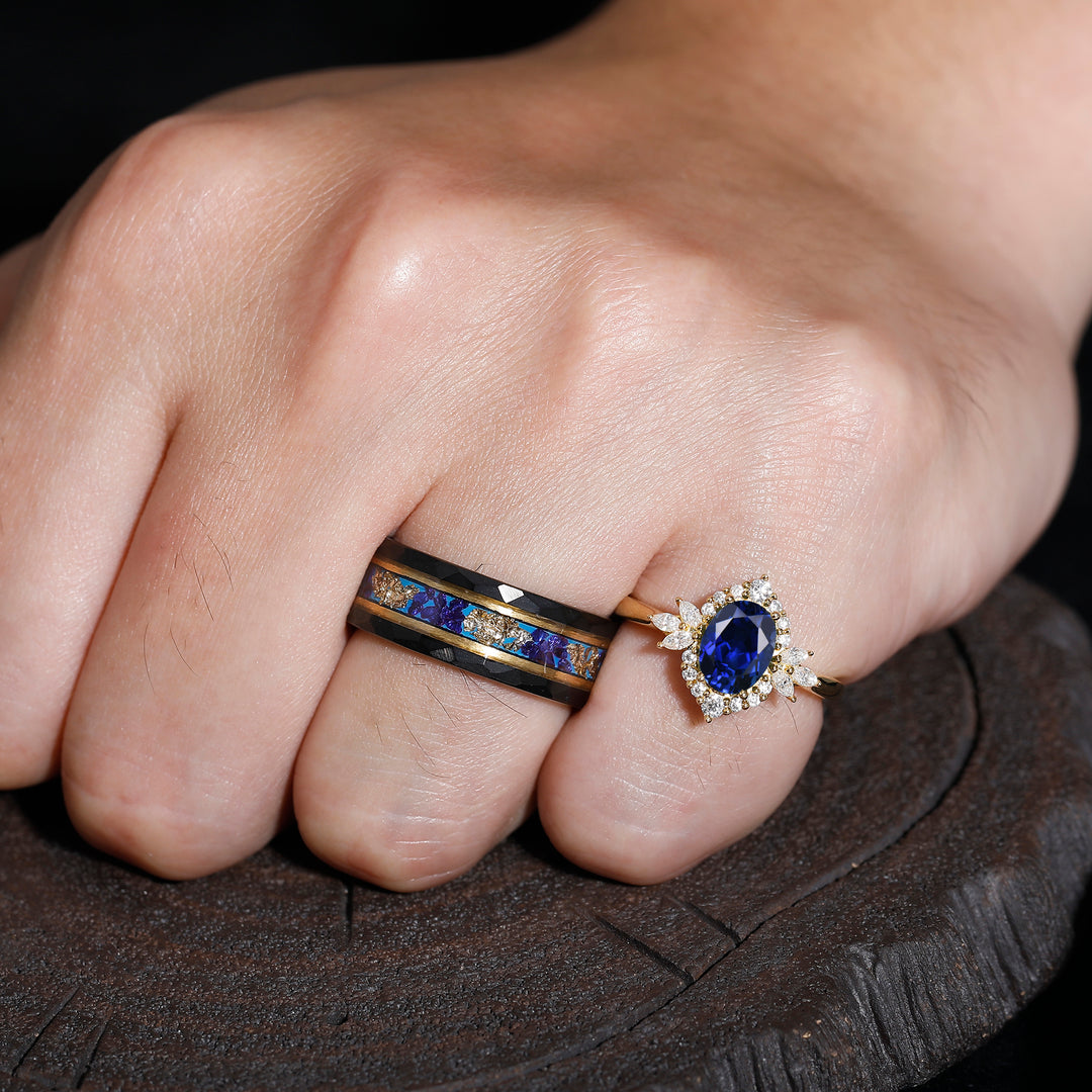 Antique Blue Sapphire Engagement Cluster Personalized Couples' Set Tingsten Matching Rings