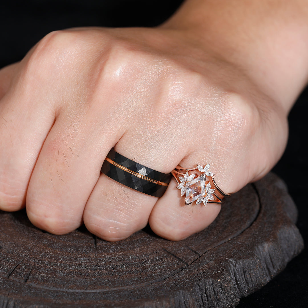 Classic Rose Cut Moissanite Petal Ring Set Matching Black Tungsten Promise Ring For Couples