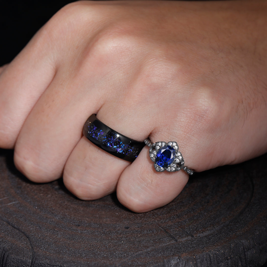 1.5CT Oval Cut Sapphire Cluster Engagement His and Hers Matching Ring