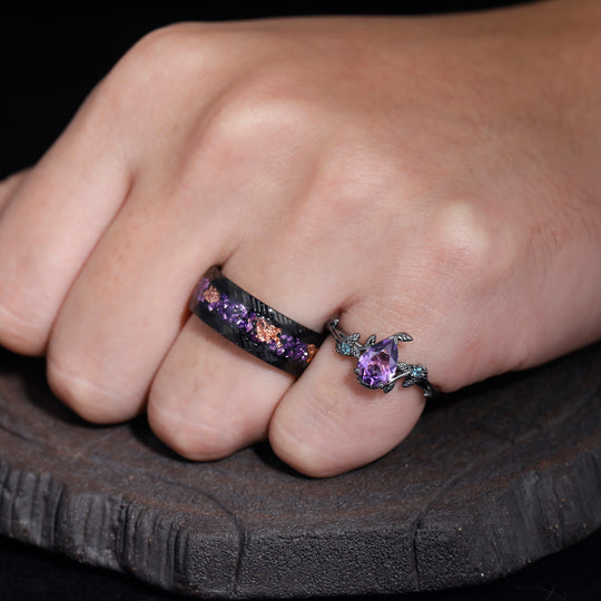 Unique 1.3CT Pear Cut Natural Amethyst Engagement Alexandrite Inlaid Couples Ring Set For Wedding Gift