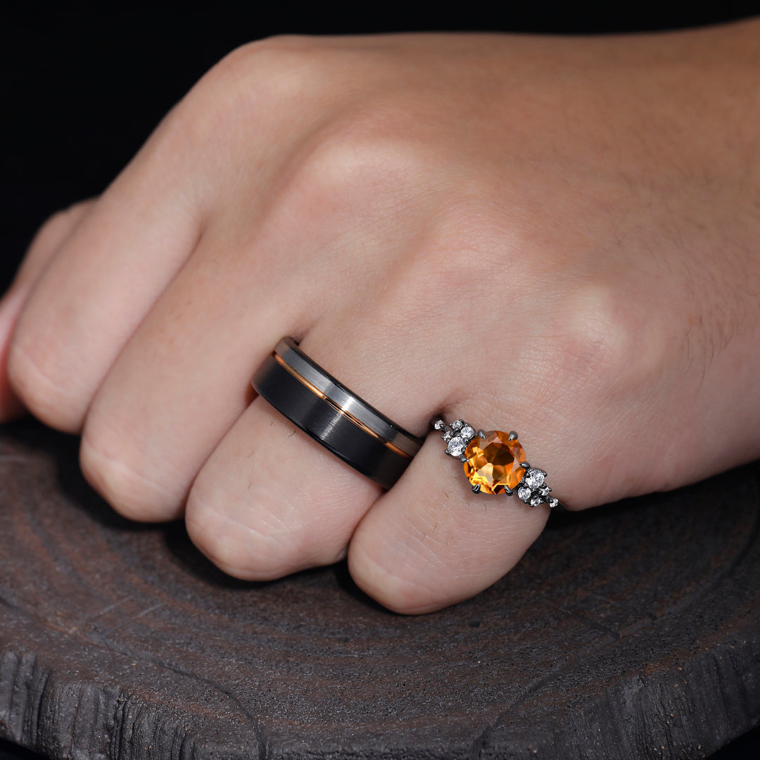 0.5CT Round Cut Citrine Engagement Couples Ring Set Sterling Silver And Tungsten Matching Ring