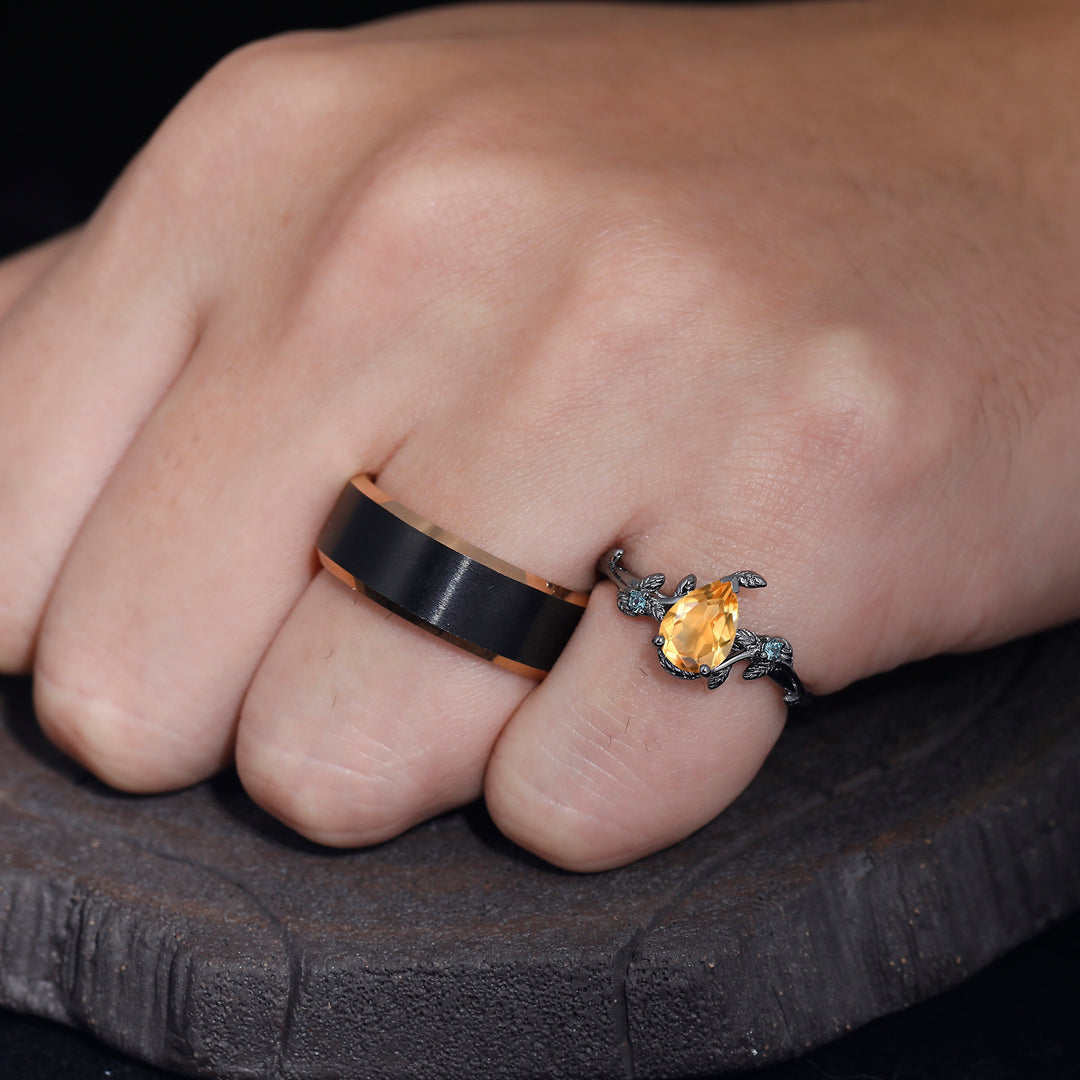 1.3CT Pear Cut Citrine Leaf Engagement Couples Ring Set Sterling Silver And Tungsten Matching Ring