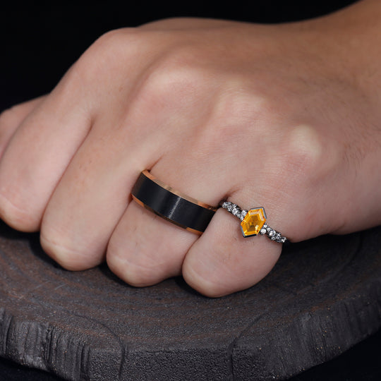 1.1CT Long Hexagon Cut Citrine Engagement His and Hers Wedding Ring Sterling Silver And Tungsten Matching Ring