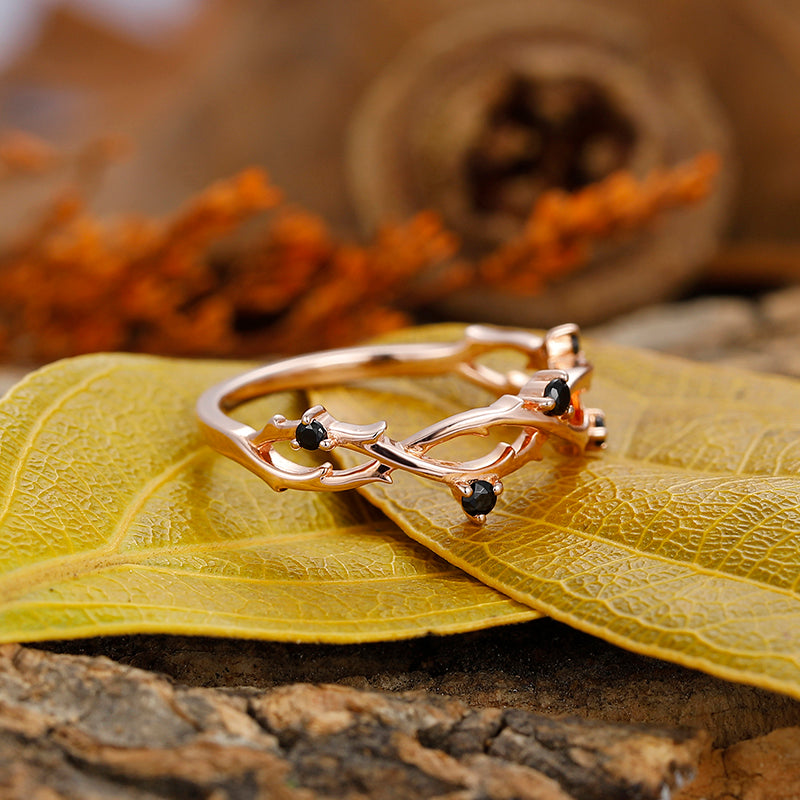 Round Cut Natural Black Spinel Engagement Band, Leaf Vine Shaped Ring, Art Deco Bridal Ring