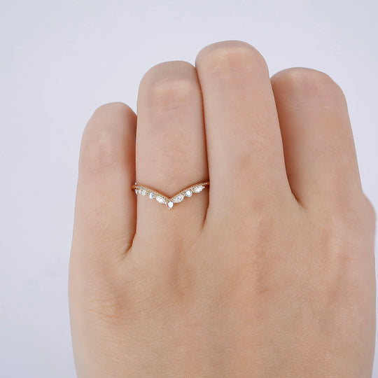 Moonstone Moissanite Engagement Promise Stack Ring Dainty Curved Band