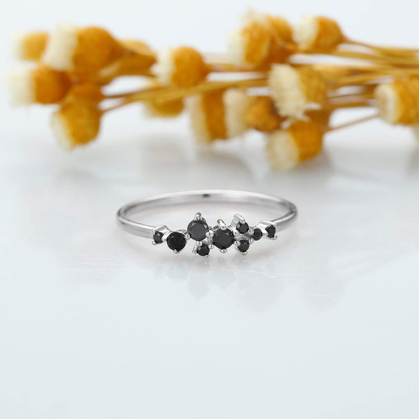 Natural Black Diamond Cluster Ring, 14K Rose Gold Bridal Anniversary Ring, Art deco Stacking Matching Bridal Ring, Wedding Ring For Her