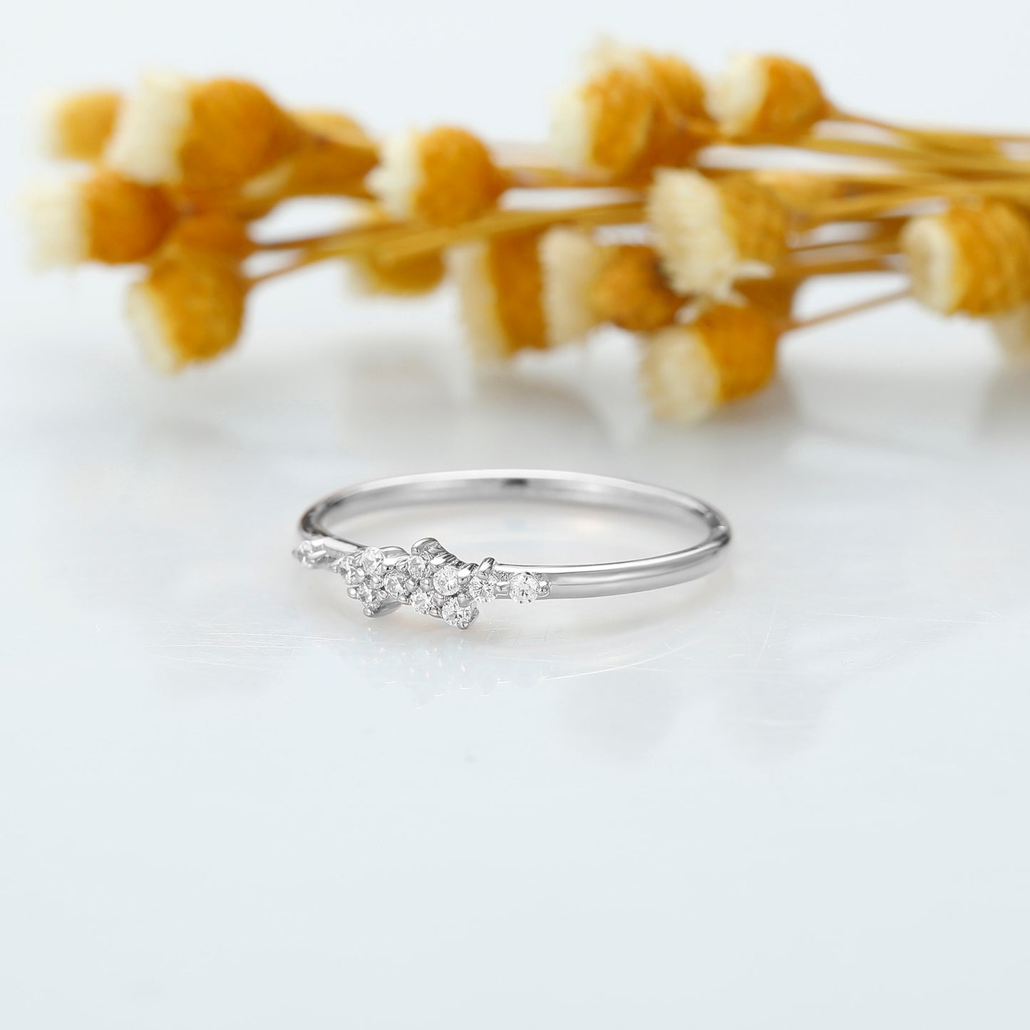 Moissanite Cluster Ring, Rose Gold Engagement Band For Women, Delicate Stackable Ring, Round Moissanite Bridal Ring, Handmade Promise Gift