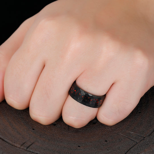 Unique Blue Sandstone Red Fire Opal Unisex Promise Rings Hammered Red Black Men's Tungsten Ring