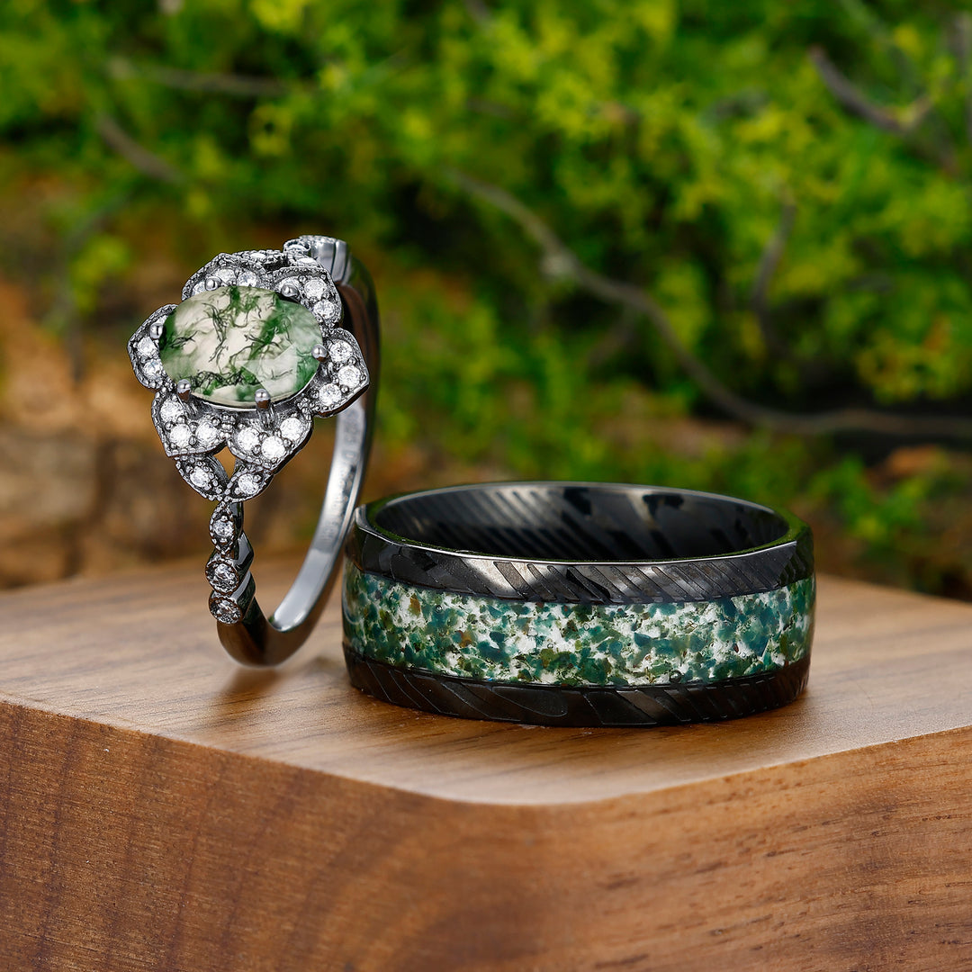 Unique 1.5CT Oval Cut Natural Moss Agate Cluster Engagement Couples Ring Set For Wedding Gift