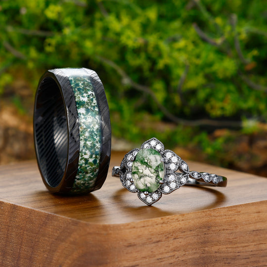 Unique 1.5CT Oval Cut Natural Moss Agate Cluster Engagement Couples Ring Set For Wedding Gift