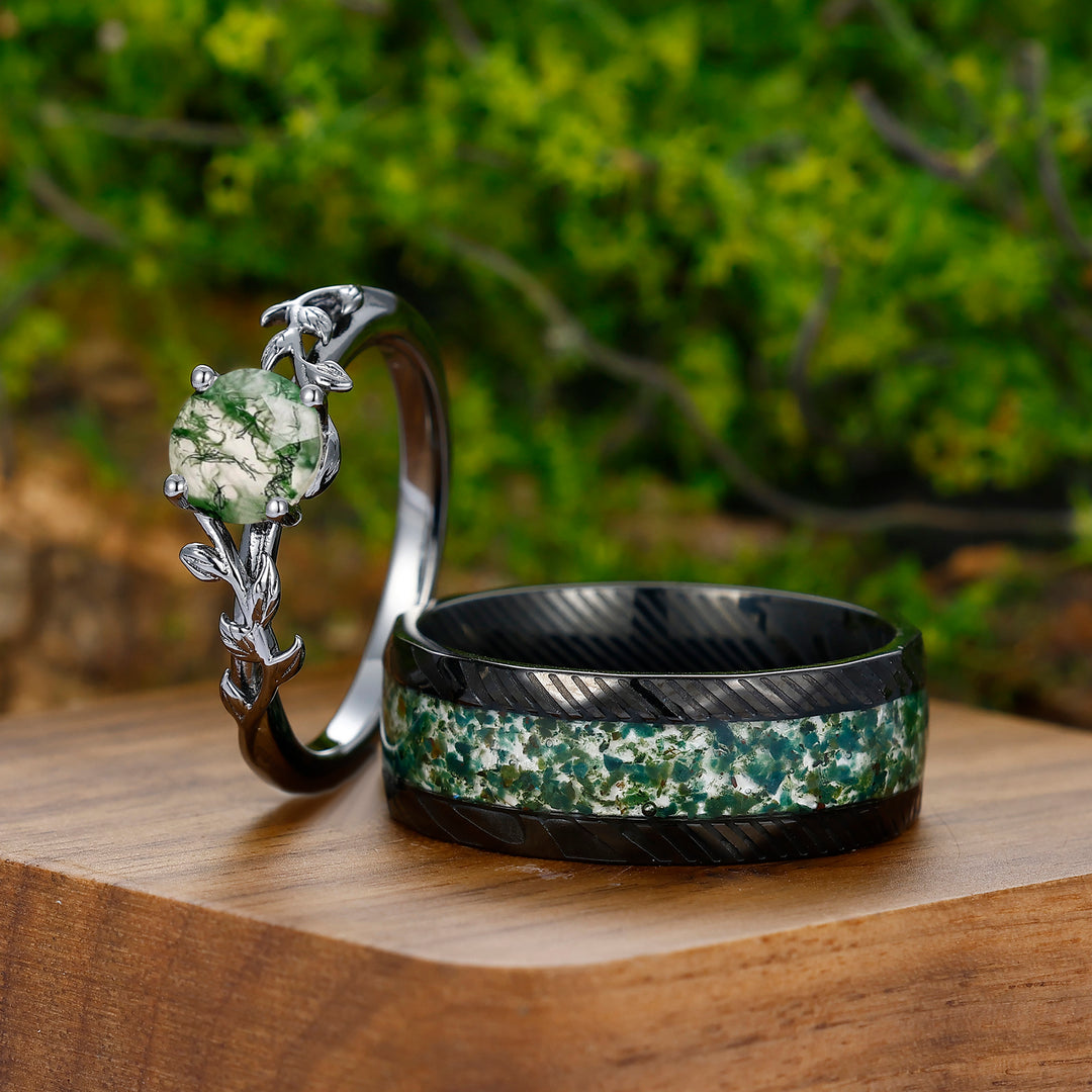 Solitaire 0.8CT Round Cut Moss Agate Couples Ring Set Silver And Damascus Steel Matching Ring