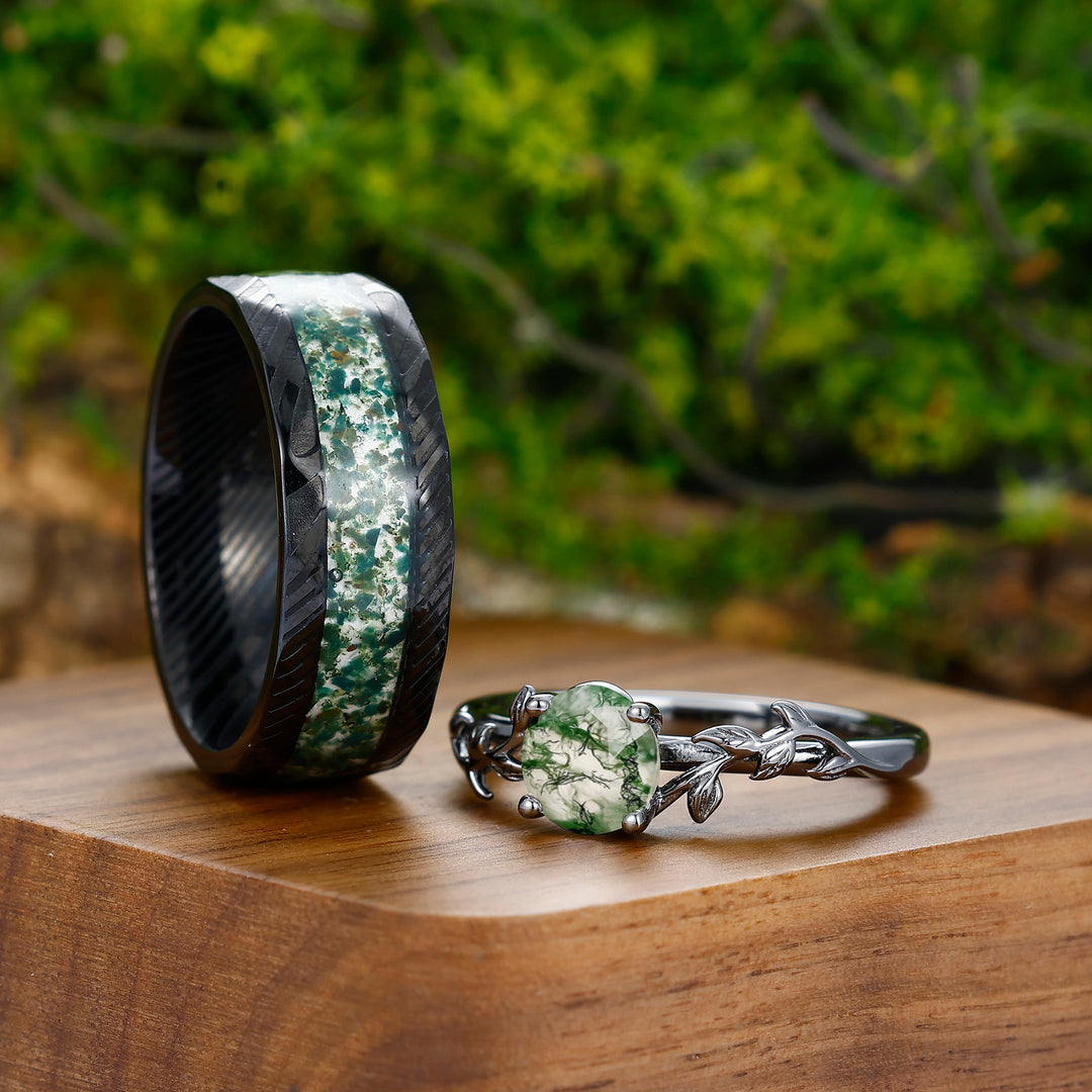 Solitaire 0.8CT Round Cut Moss Agate Couples Ring Set Silver And Damascus Steel Matching Ring