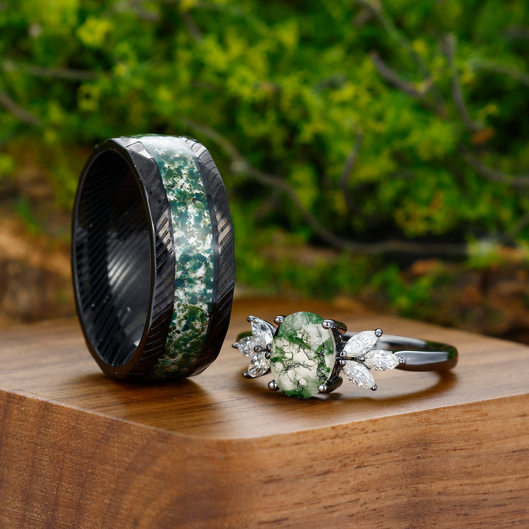 Unique 1.5CT Oval Cut Natural Moss Agate Engagement His And Hers Matching Ring