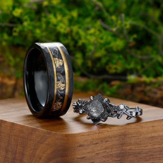 Unique 2CT Princess Cut Natural Black Rutilated Quartz Engagement Couples Ring Set