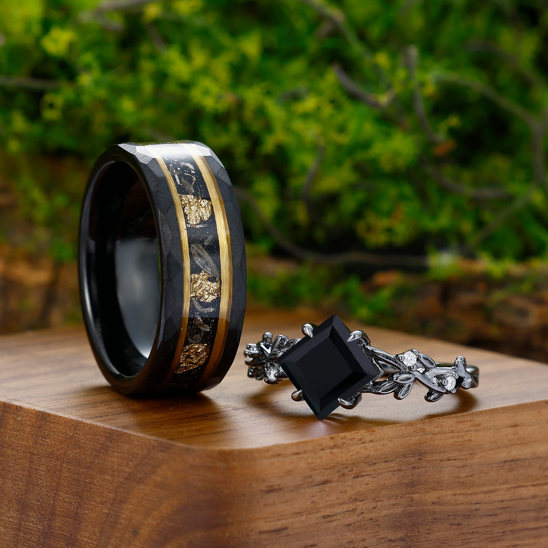 Unique 2CT Princess Cut Natural Black Onyx Engagement Couples Ring Set