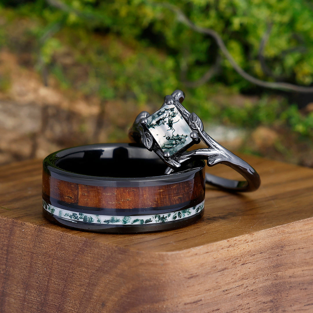 Artistic Emerald Cut Moss Agate Textured Branches Couples Ring Set Tungsten His and Hers Wedding Band