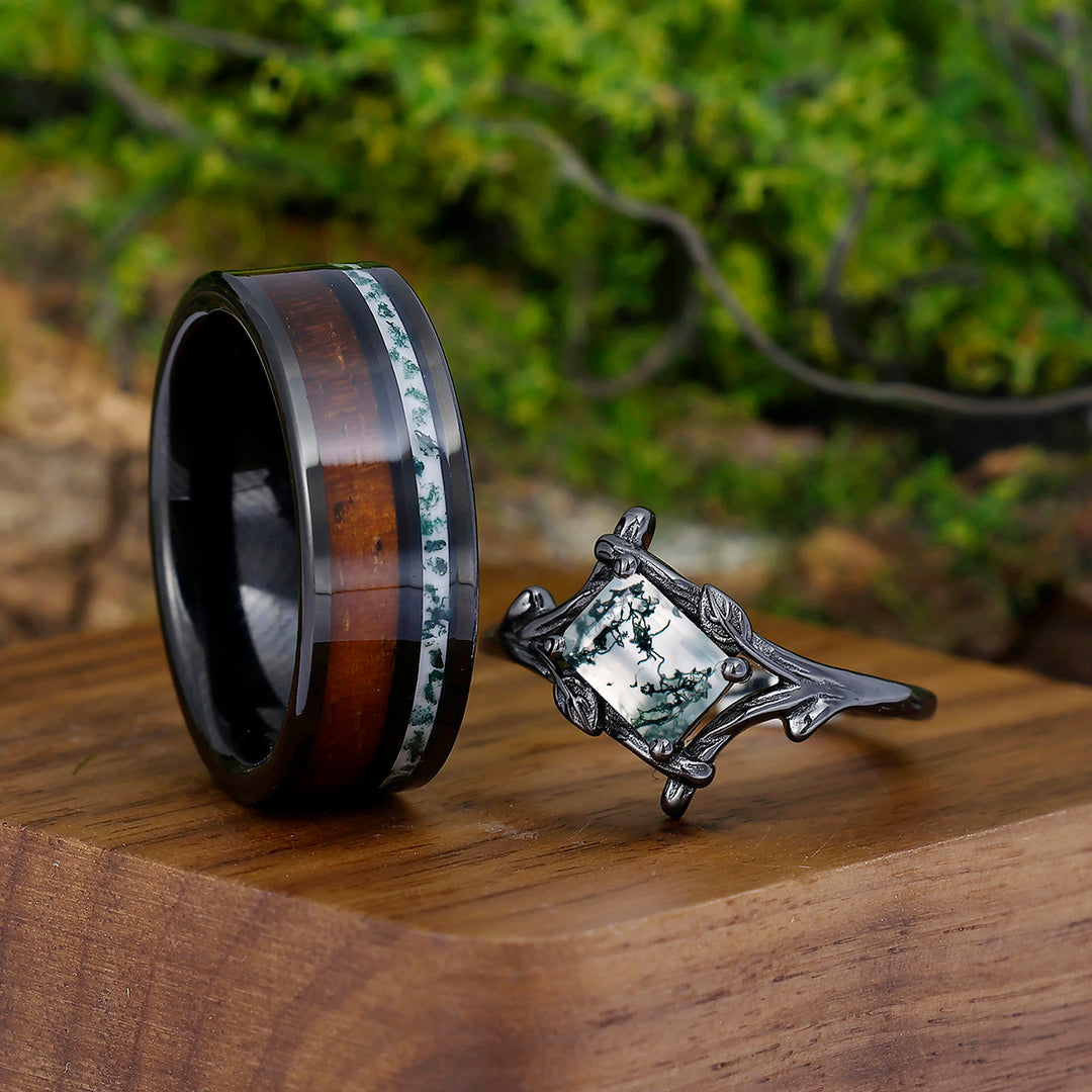 Artistic Emerald Cut Moss Agate Textured Branches Couples Ring Set Tungsten His and Hers Wedding Band