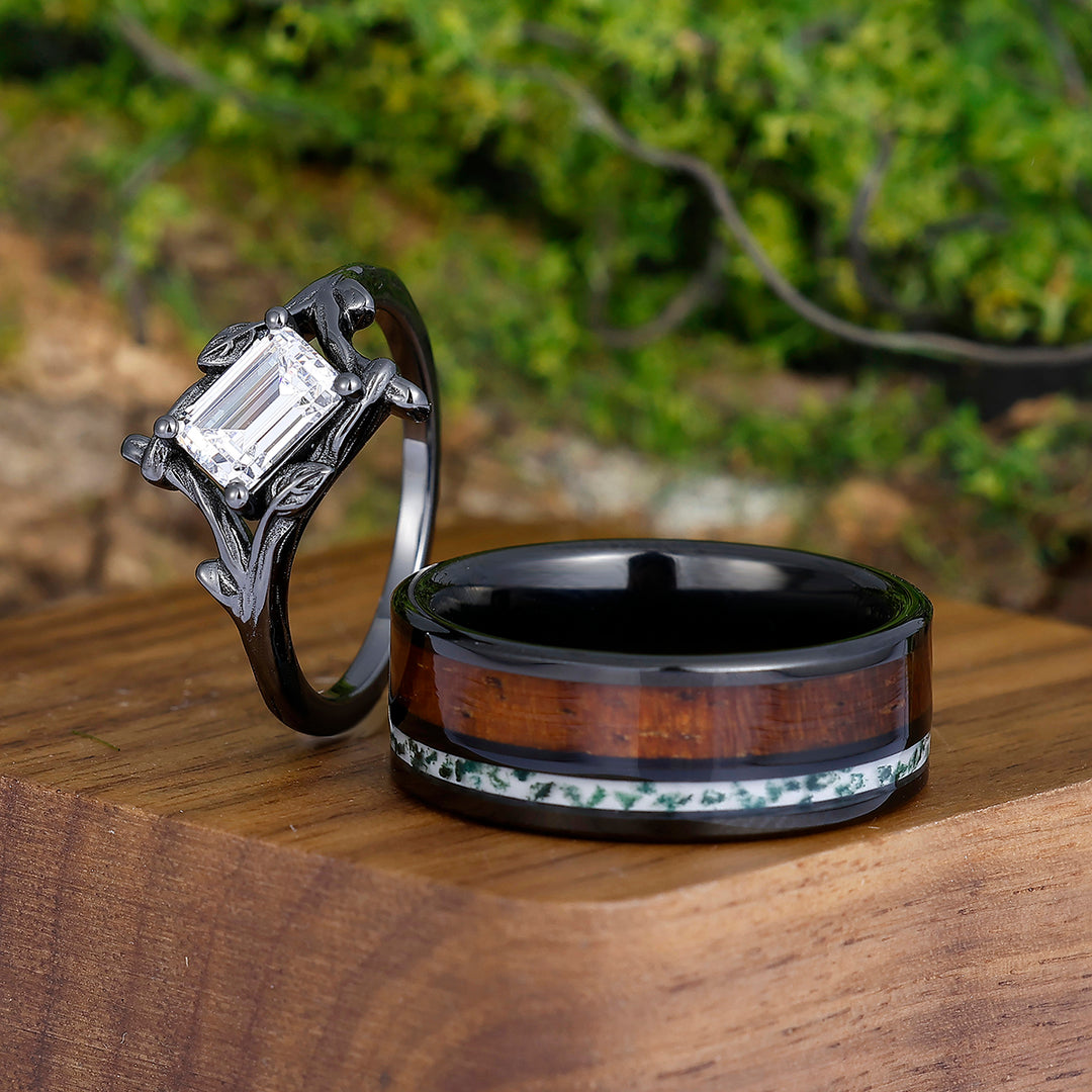 Branches Black Plated Emerald Cut Moissanite Couples Ring Wood Strips And Moss Agate Tungsten His and Hers Set