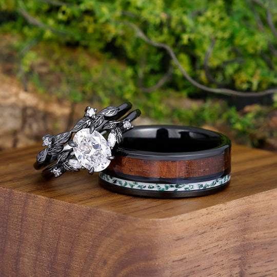 Unique Leaves Oval Cut Moissanite His and Hers Wedding Band Tungsten Inlaid Wood Couples Ring Set