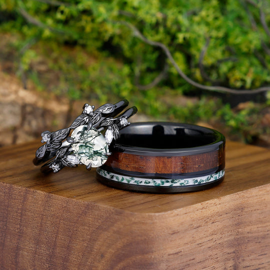 Dainty Moss Agate Leaves Couples Ring Set Wood Strips Moss Agate Tungsten Matching Ring