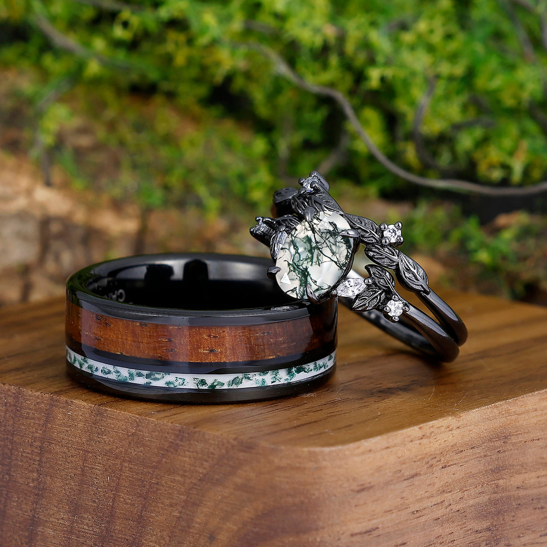 Dainty Moss Agate Leaves Couples Ring Set Wood Strips Moss Agate Tungsten Matching Ring