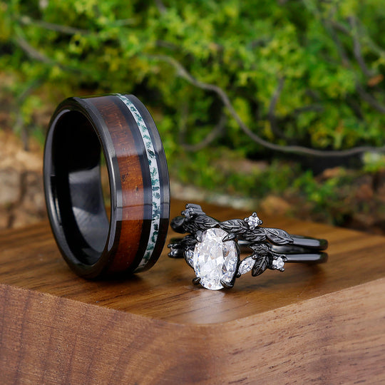 Unique Leaves Oval Cut Moissanite His and Hers Wedding Band Tungsten Inlaid Wood Couples Ring Set